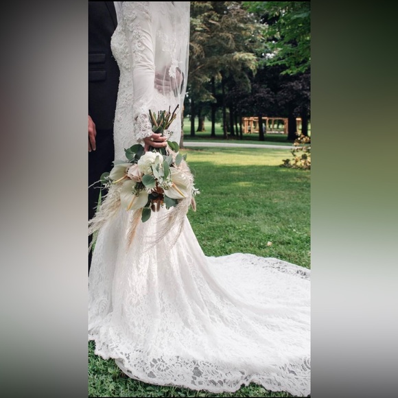 Long Sleeve Illusion Boho Style Fit & Flare Wedding Dress - Picture 7 of 7